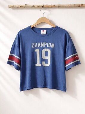Champion Gray-Blue Cropped Graphic Tee with Silver Print